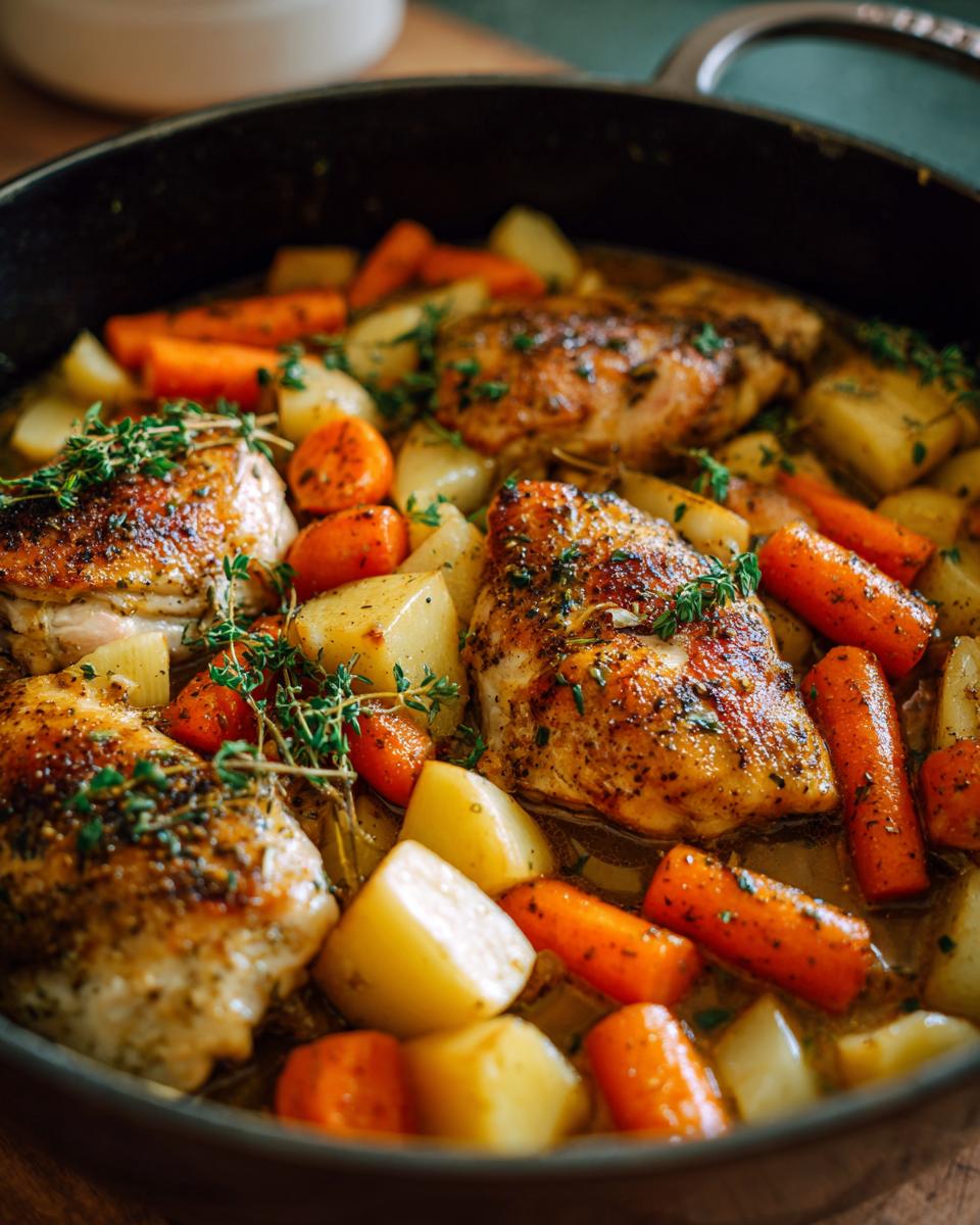 Eine Möhren-Kohlrabi-Pfanne mit Hähnchen, Kartoffeln und Karotten, garniert mit Thymian.