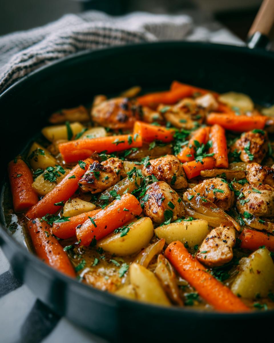 Eine Möhren-Kohlrabi-Pfanne mit Hähnchen, Kartoffeln und Petersilie in einer Pfanne.