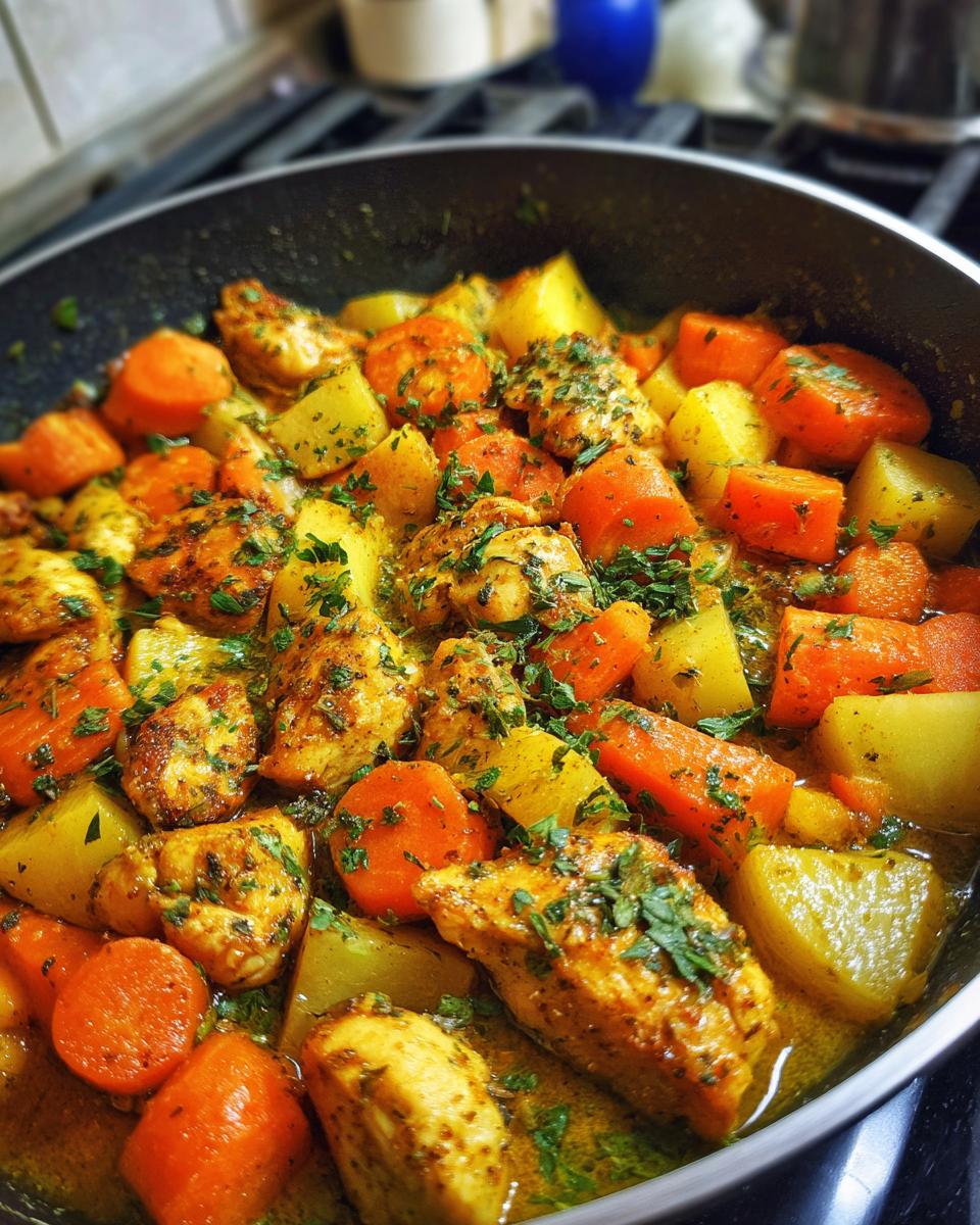 Nahaufnahme einer Möhren-Kohlrabi-Pfanne mit Hähnchen, Kartoffeln und Petersilie in einer Pfanne.