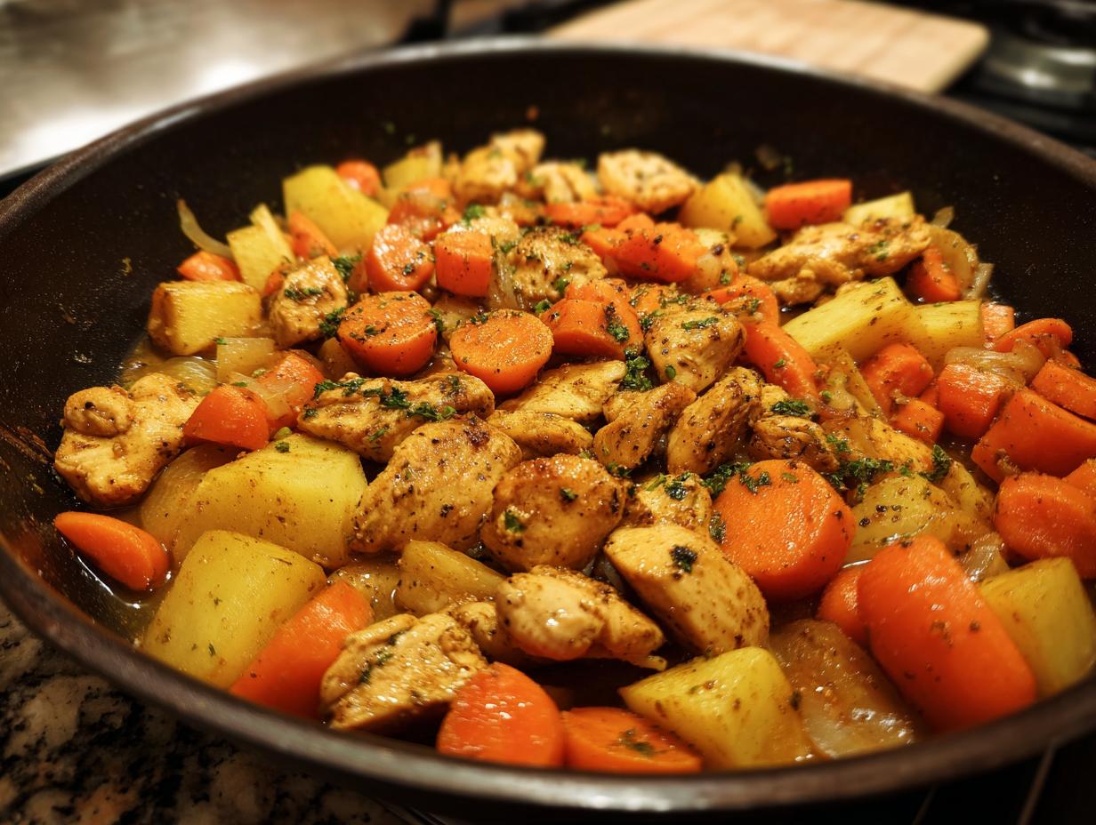 Eine dampfende Möhren-Kohlrabi-Pfanne mit Hähnchen, Kartoffeln und Kräutern in einer Pfanne.