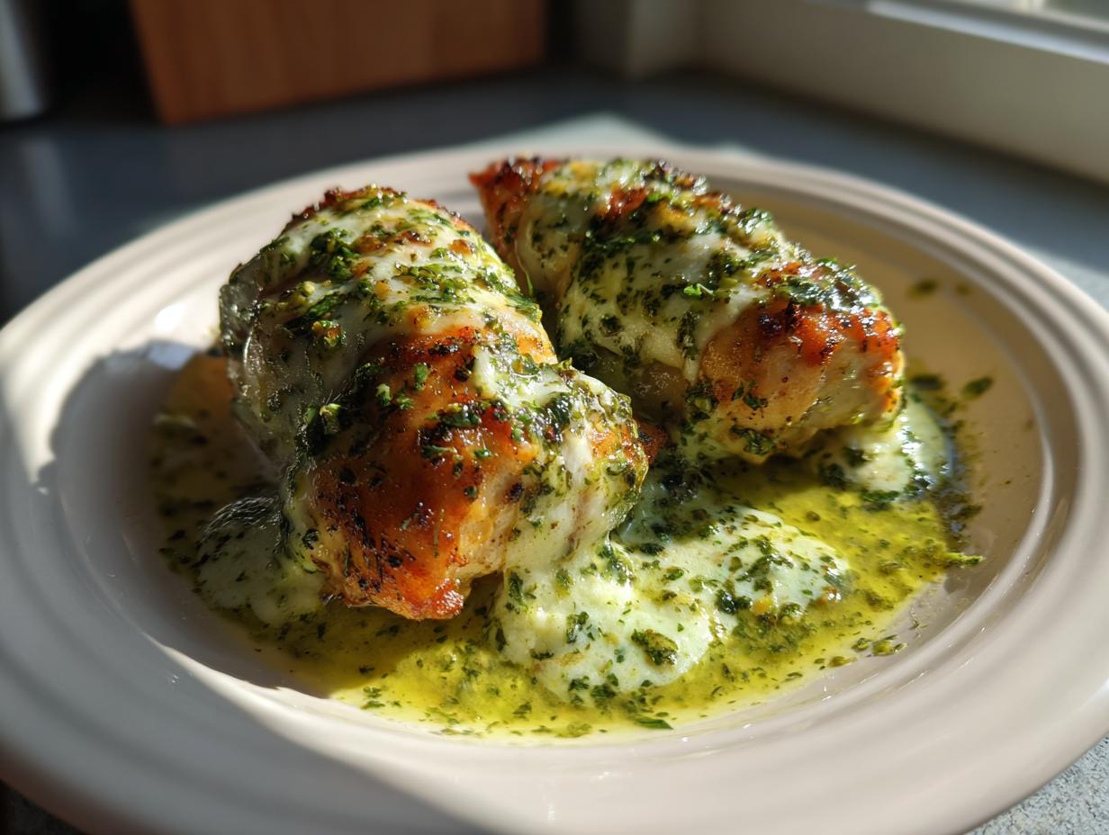 Zwei saftige Mozzarella Hähnchen in Basilikum-Sahnesauce auf einem Teller, mit geschmolzenem Käse und Kräutern.