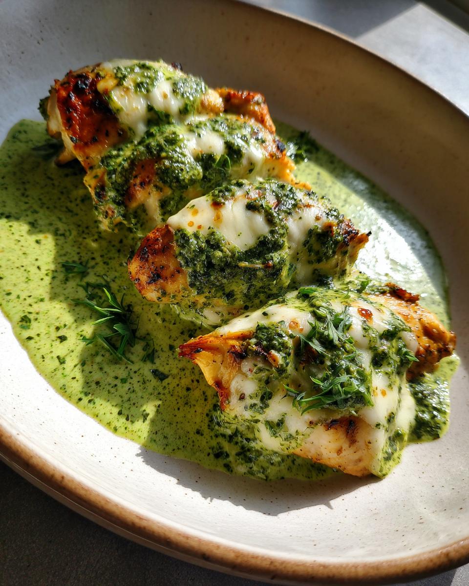 Drei saftige Hähnchenbrustfilets mit geschmolzenem Mozzarella und Basilikum-Sahnesauce.