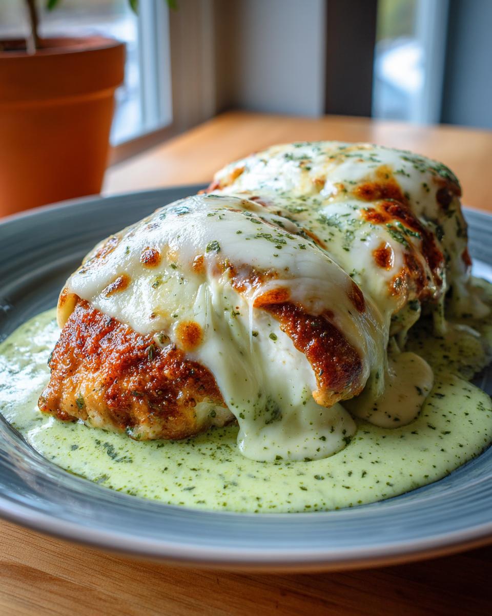 Zwei saftige Hähnchenbrustfilets überbacken mit geschmolzenem Mozzarella und serviert in einer cremigen Basilikum-Sahnesauce.