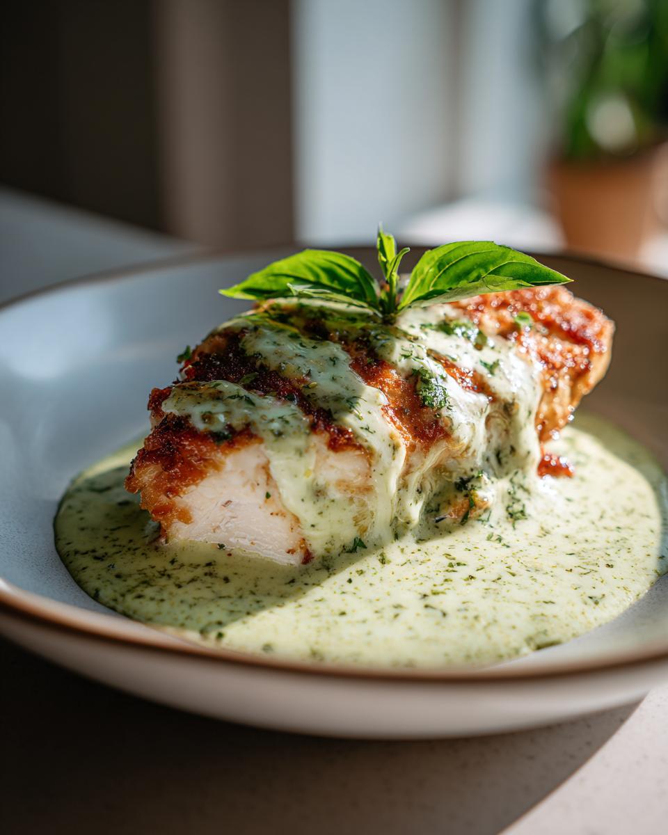 Ein saftiges Stück Mozzarella Hähnchen in Basilikum-Sahnesauce, garniert mit frischem Basilikum.