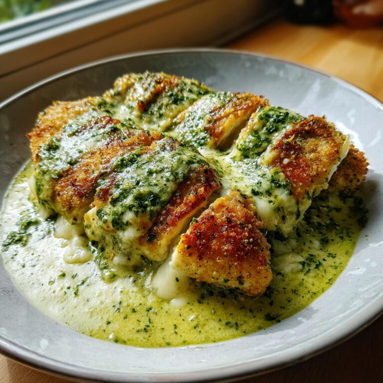 Gebratenes Mozzarella Hähnchen in Basilikum-Sahnesauce, in Scheiben geschnitten, auf einem Teller serviert.