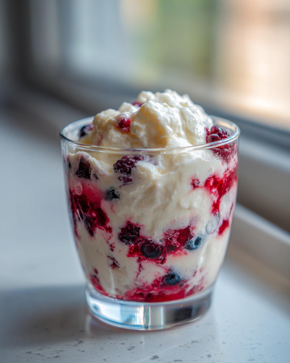 Ein Glas gefüllt mit cremigem Dessert und frischen Beeren, perfekt für Nachtisch für Freunde.