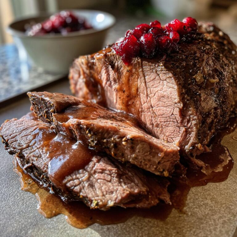 Omas Roastbeef aus dem Ofen mit Preiselbeeren, sliced and covered in rich gravy.