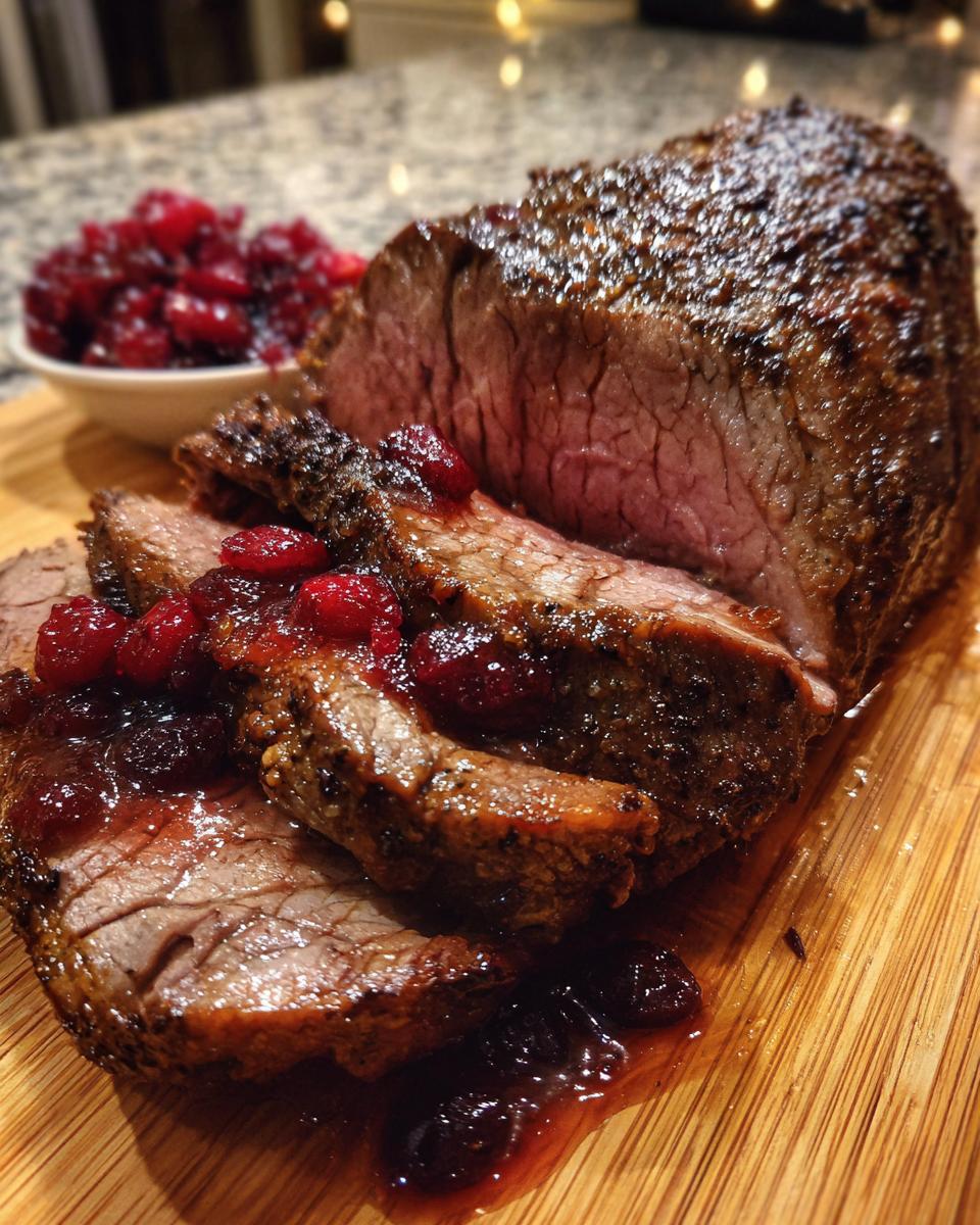 Omas Roastbeef aus dem Ofen mit Preiselbeeren, saftig aufgeschnitten und mit Preiselbeersauce beträufelt.