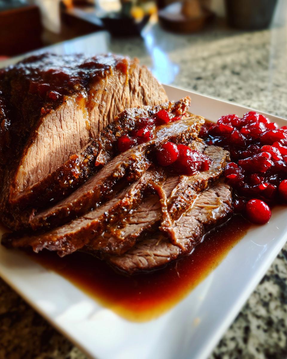 Omas Roastbeef aus dem Ofen mit Preiselbeeren, sliced and served with a side of cranberries.