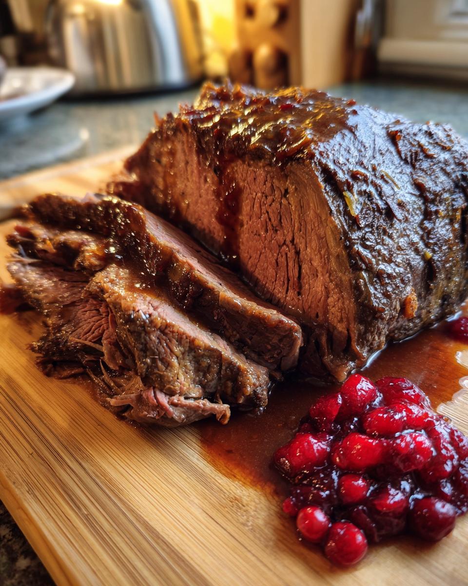 Omas Roastbeef aus dem Ofen mit Preiselbeeren, sliced and served on a wooden board with a side of cranberries.