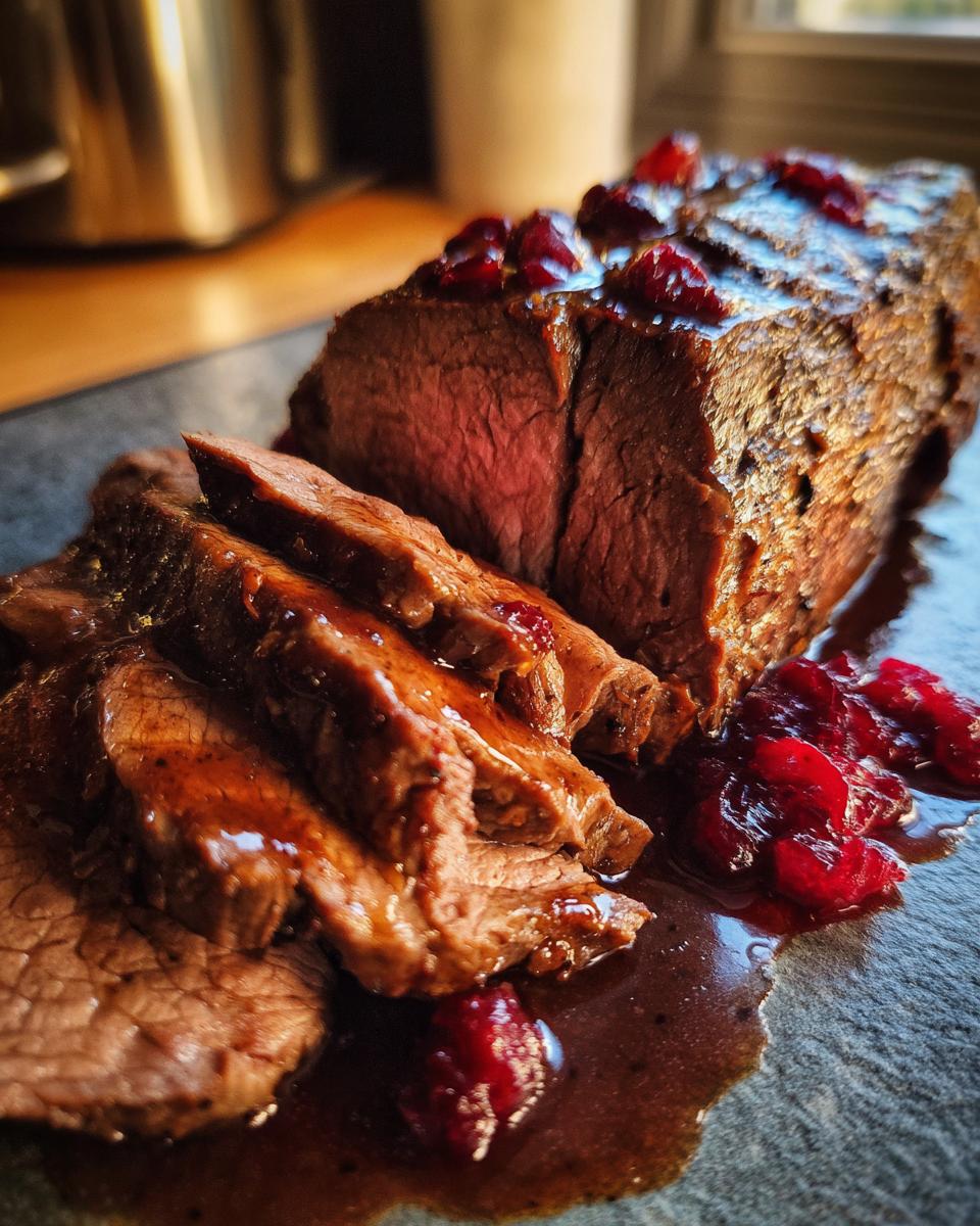 Omas Roastbeef aus dem Ofen mit Preiselbeeren, aufgeschnitten und mit Sauce übergossen.
