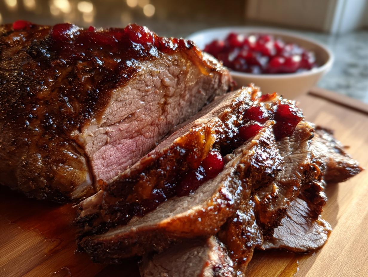 Omas Roastbeef aus dem Ofen mit Preiselbeeren, saftig und perfekt gebraten, mit Preiselbeeren garniert.