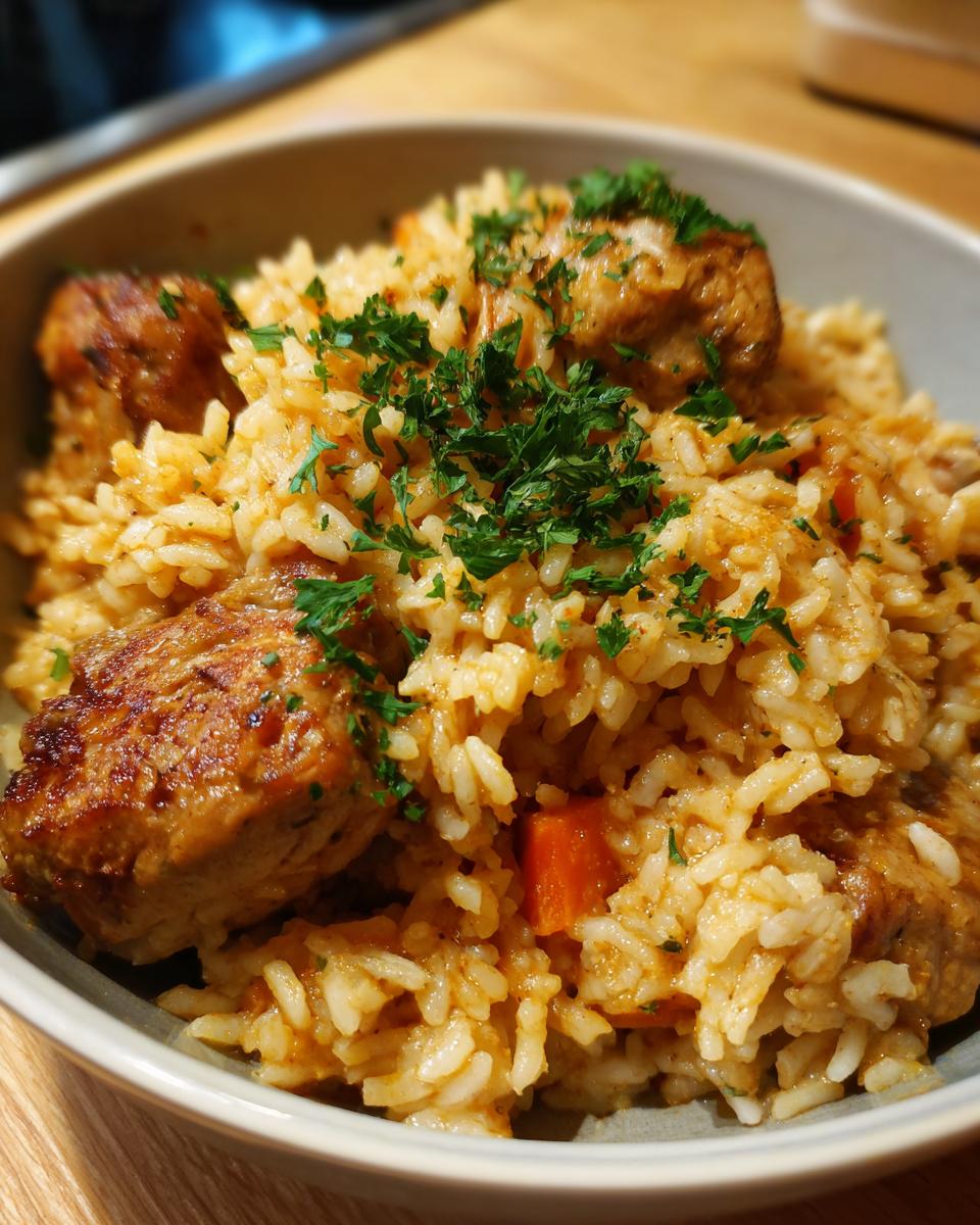 Eine Schüssel mit One Pot Curryreis mit Hähnchenbrust, garniert mit Petersilie und Karottenstücken.