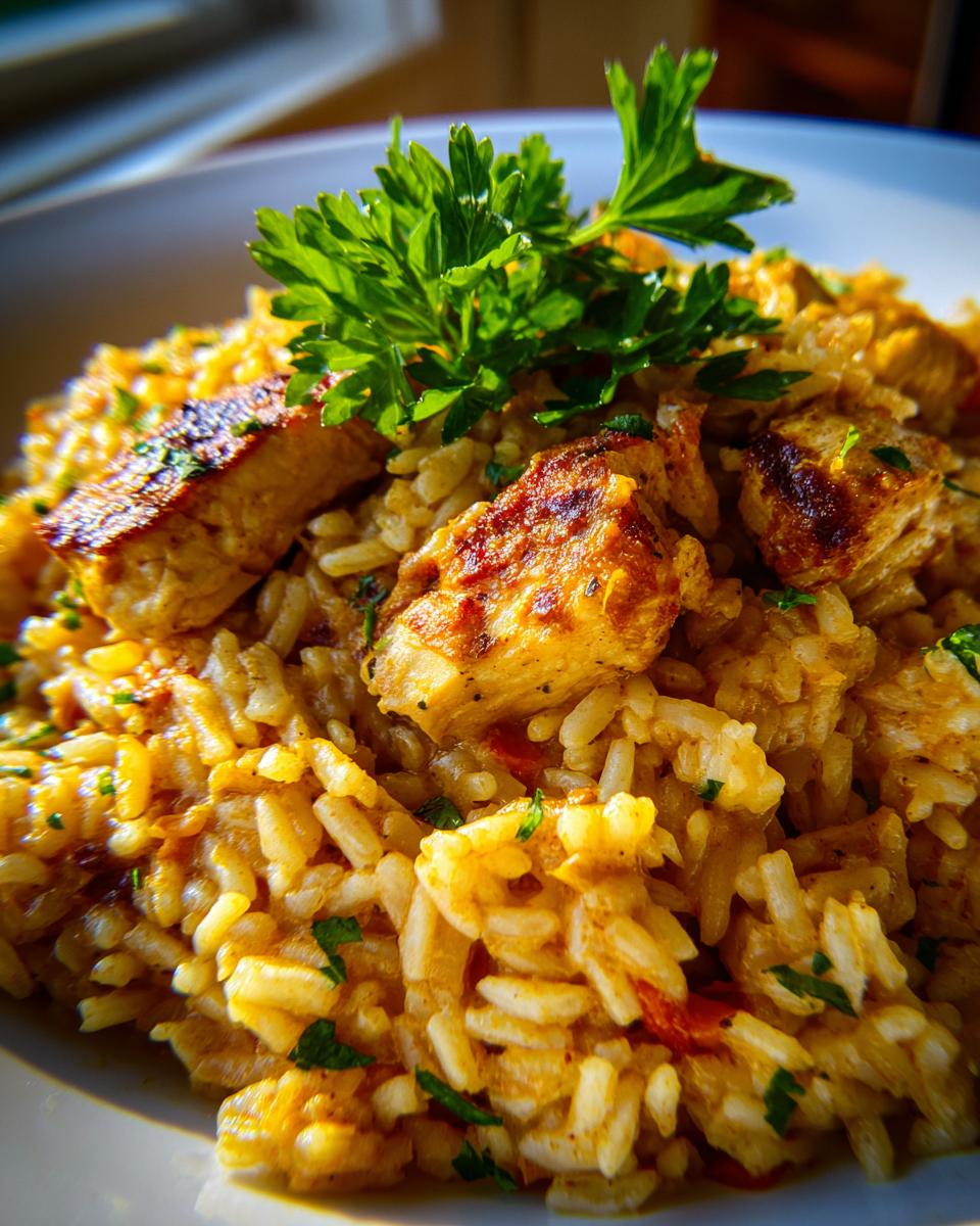 Eine Nahaufnahme von One Pot Curryreis mit Hähnchenbrust, garniert mit Petersilie.