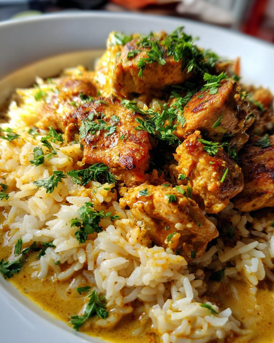 Nahaufnahme von One Pot Curryreis mit Hähnchenbrust, garniert mit frischer Petersilie.