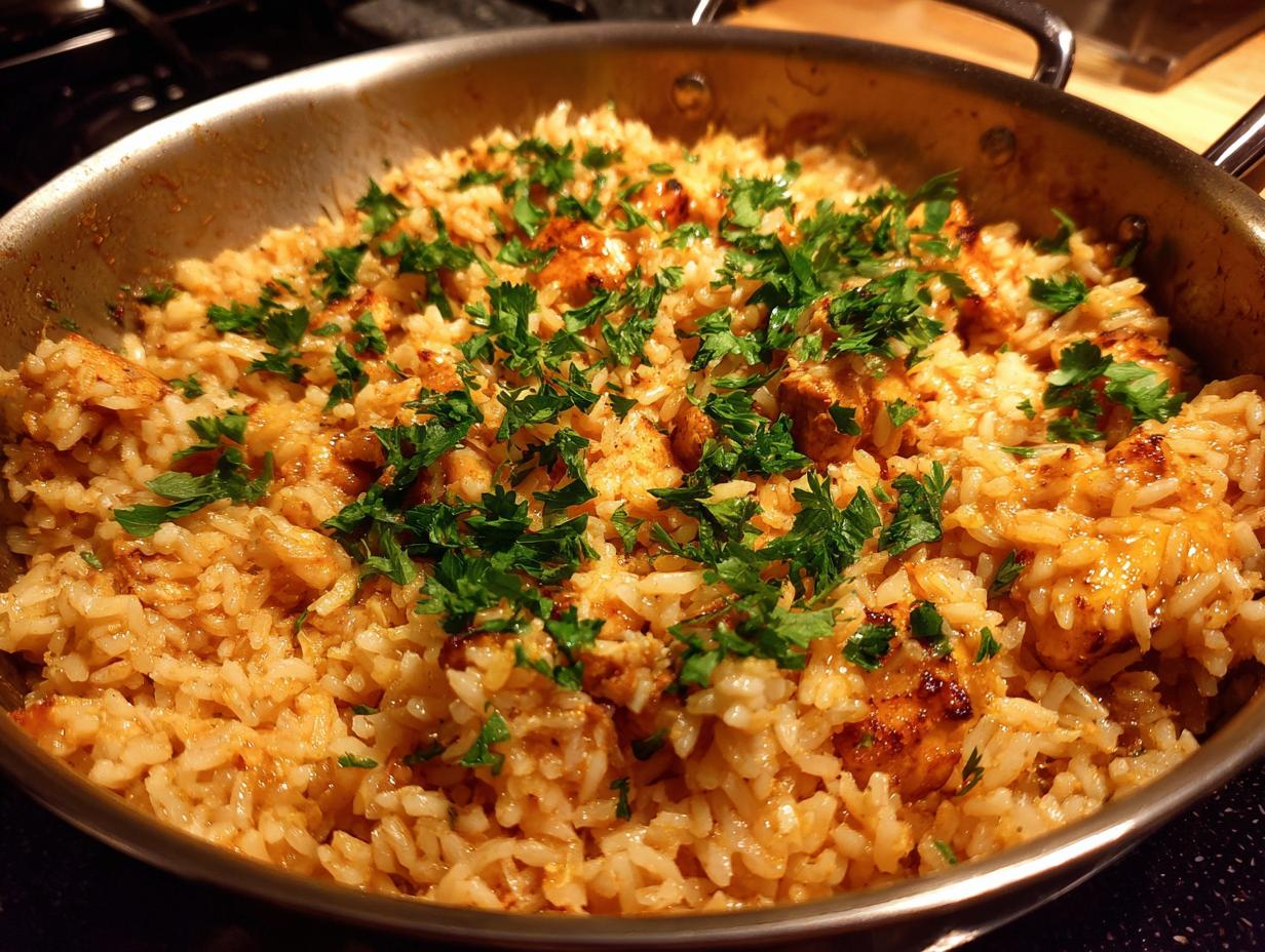 Fertiger One Pot Curryreis mit Hähnchenbrust, garniert mit frischer Petersilie in einer Pfanne.