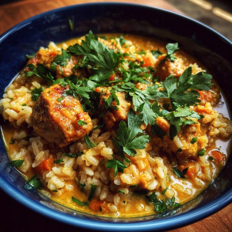 A close-up of One Pot Curryreis mit Hähnchenbrust in a blue bowl, garnished with fresh parsley.