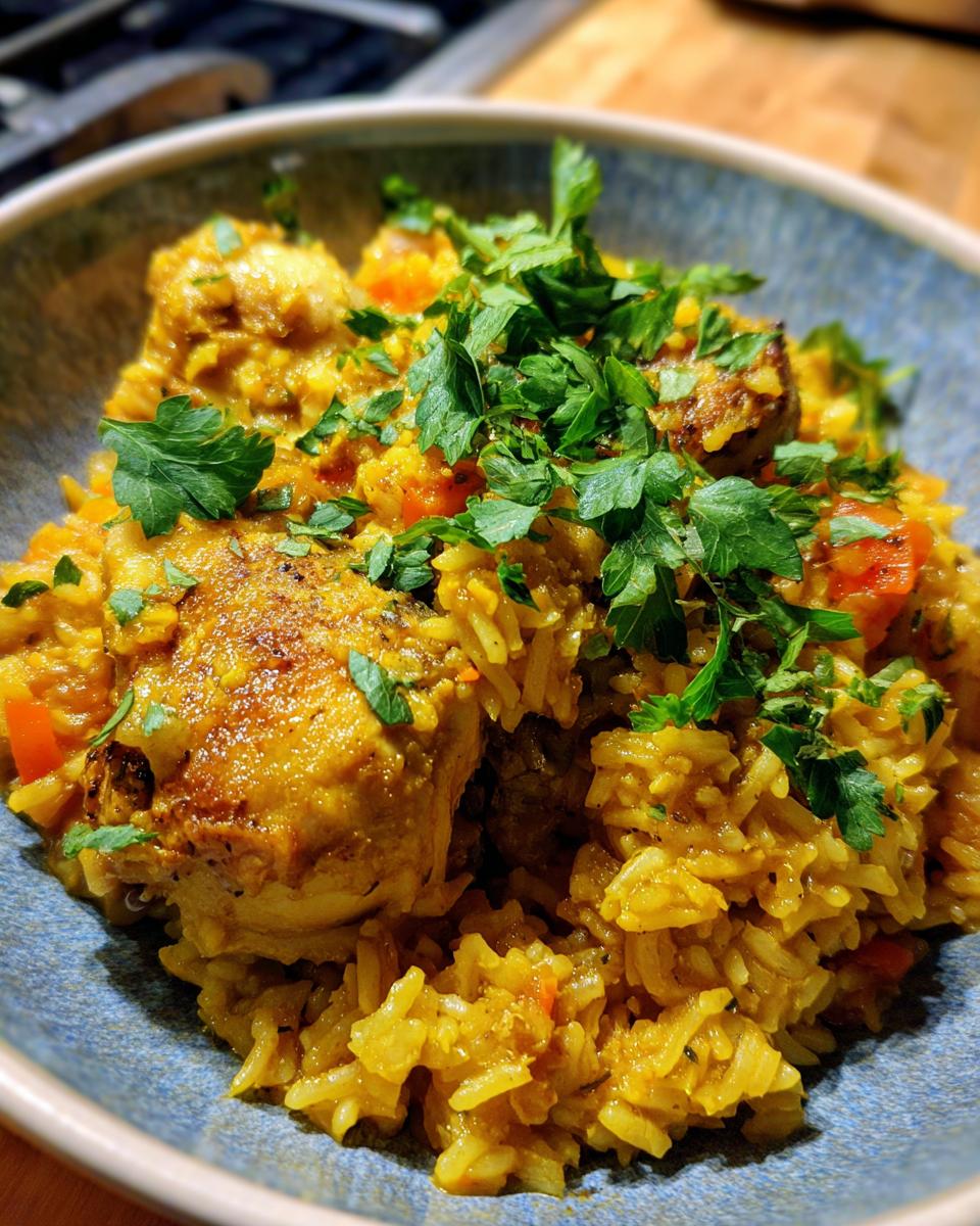 A bowl of One Pot Curryreis mit Hähnchenbrust, featuring tender chicken breast and fluffy rice, garnished with fresh parsley.