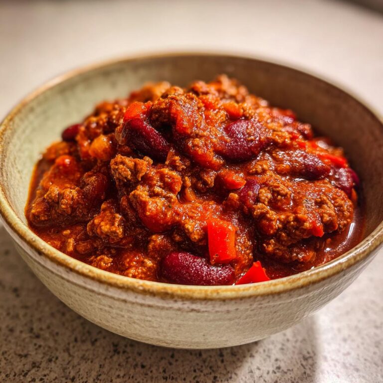 A close-up of a bowl filled with hearty Original Chili con Carne, featuring ground meat, kidney beans, and red peppers.