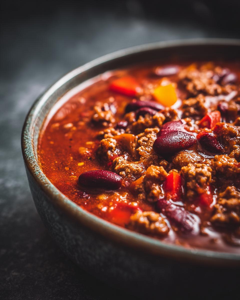 Close-up of a bowl of Original Chili con Carne with kidney beans and ground meat.