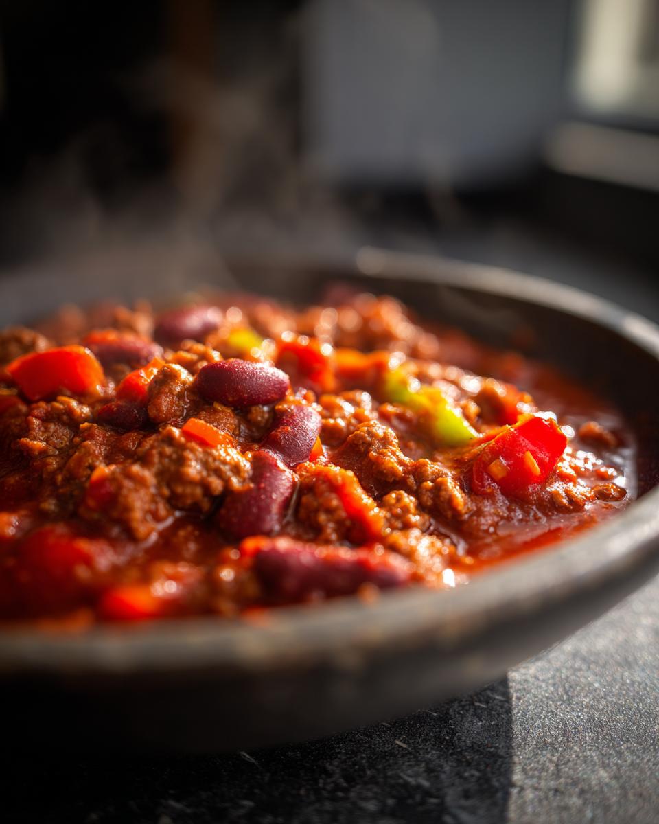 Close-up of a steaming bowl of Original Chili con Carne, featuring kidney beans, ground meat, and diced peppers.