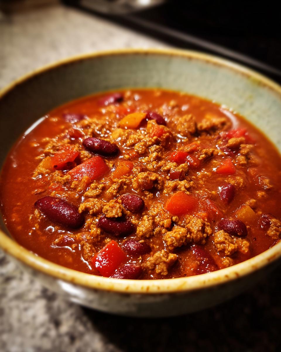 A close-up of a bowl filled with Original Chili con Carne, featuring ground meat, kidney beans, and diced tomatoes.
