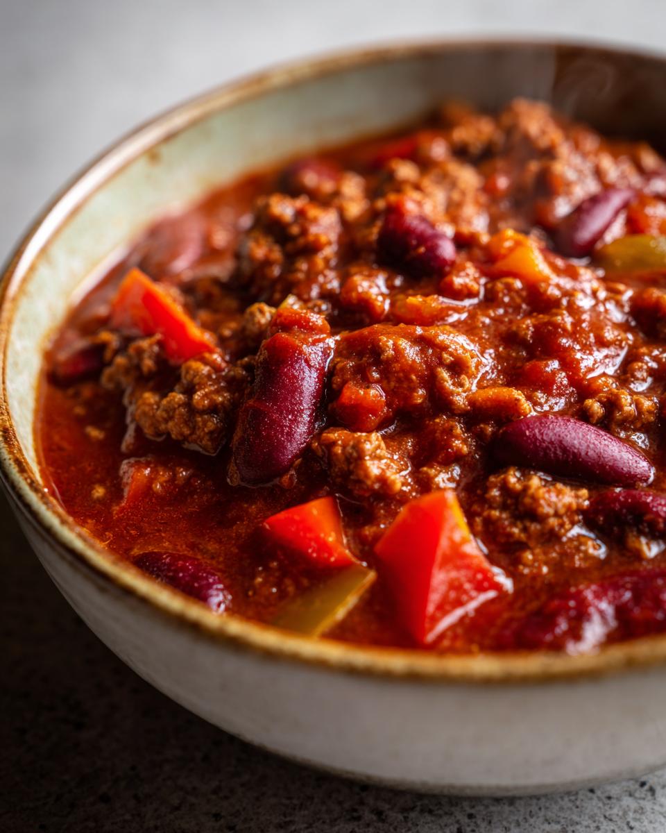 Close-up of Original Chili con Carne in a rustic bowl, showing kidney beans, ground meat, and diced peppers.