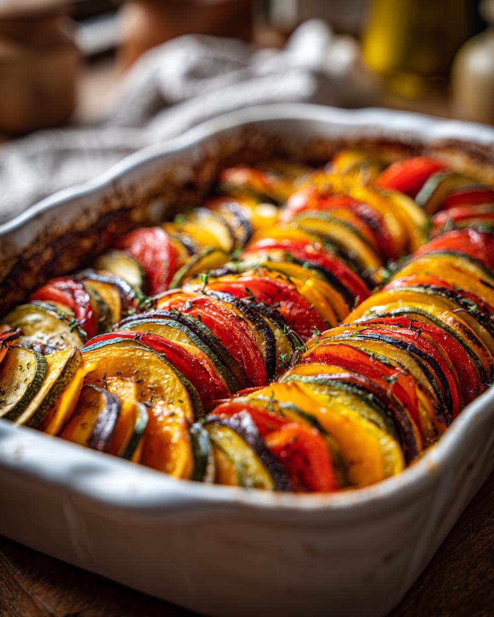 Nahaufnahme eines gebackenen Original Ratatouille mit Gemüse, geschichtet in einem weißen Auflauf.