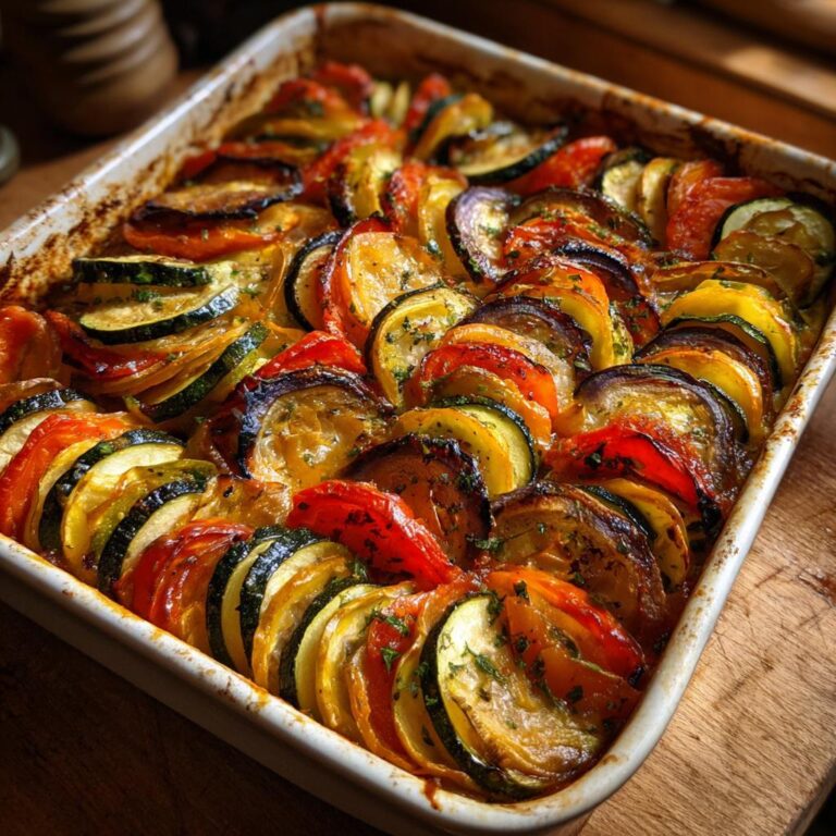 Eine Nahaufnahme eines frisch gebackenen Original Ratatouille mit Gemüse in einer weißen Auflaufform.