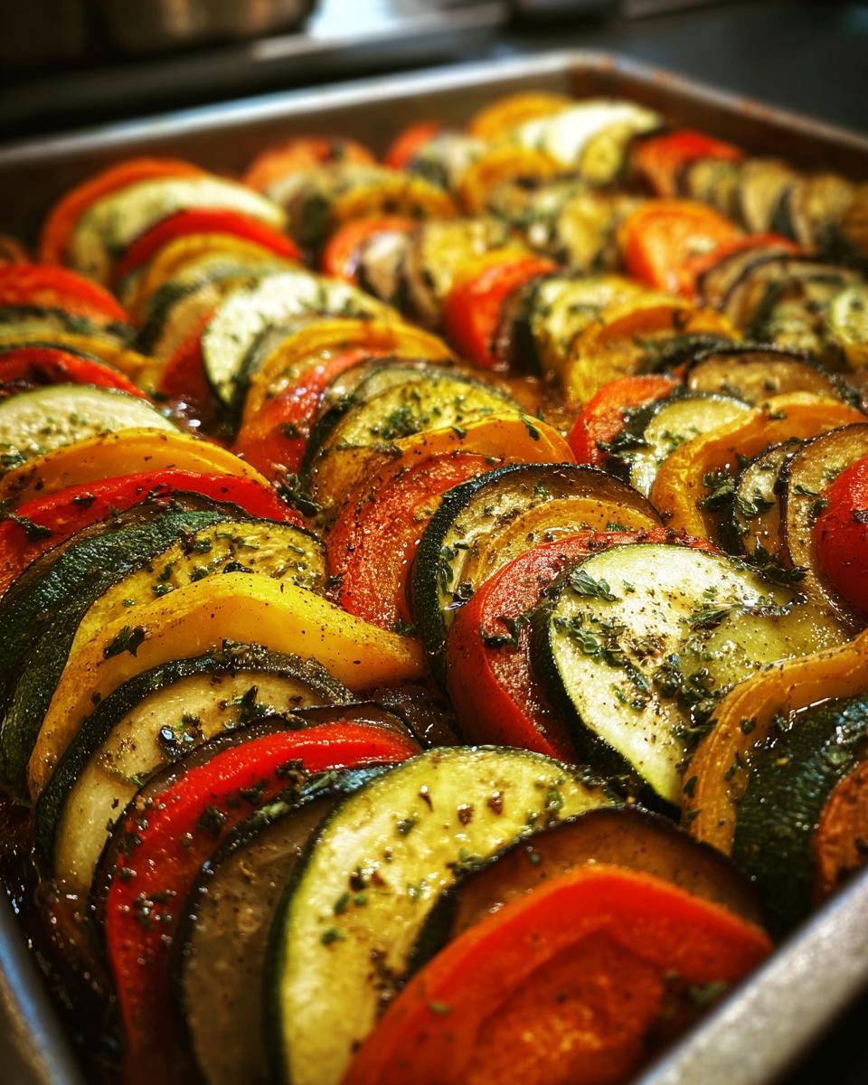 Nahaufnahme von Original Ratatouille mit Gemüse, geschichtet in einer Auflaufform mit Kräutern bestreut.