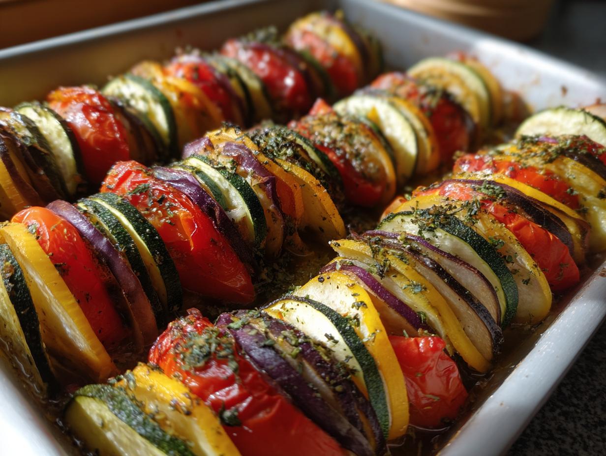 Close-up of a baked Original Ratatouille mit Gemüse in a dish, showing layers of sliced eggplant, zucchini, tomatoes, and onions seasoned with herbs.