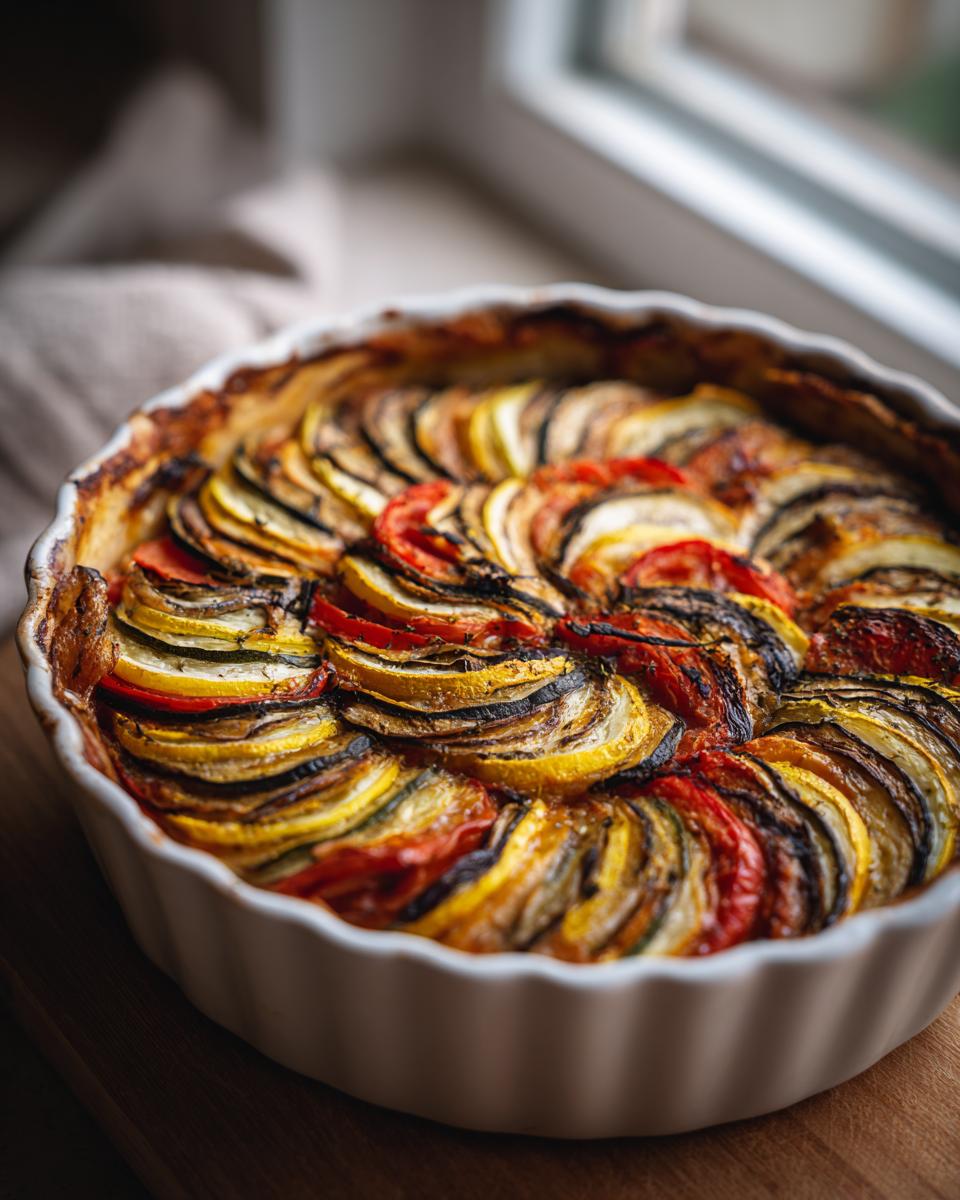 Nahaufnahme eines gebackenen Original Ratatouille mit Gemüse in einer weißen Auflaufform, geschichtet mit Tomaten, Zucchini und Aubergine.