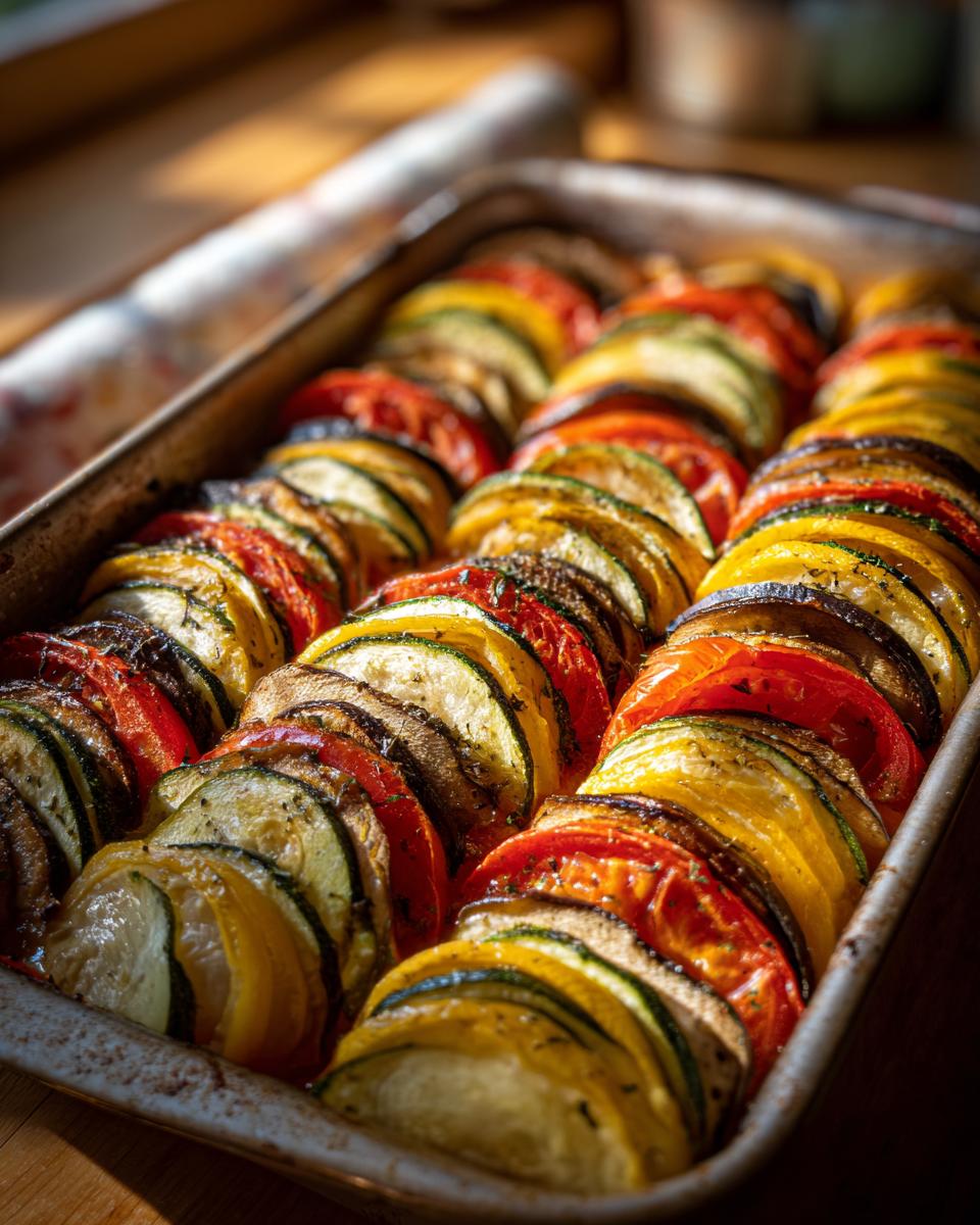 Nahaufnahme von Original Ratatouille mit Gemüse, geschichtet und im Ofen gebacken.