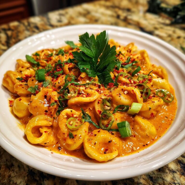Eine Schüssel Pasta in cremiger Lauch-Tomaten-Soße mit Chili, garniert mit Petersilie und Frühlingszwiebeln.