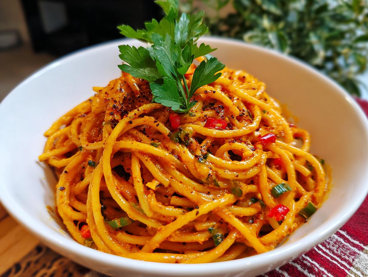 Eine Schüssel Pasta in cremiger Lauch-Tomaten-Soße mit Chili, garniert mit Petersilie.