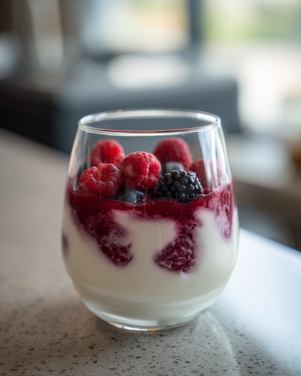Pin von Hilleo auf Nachtisch für Freunde: Ein Glas cremiges Dessert mit frischen Beeren wie Himbeeren, Blaubeeren und Brombeeren.