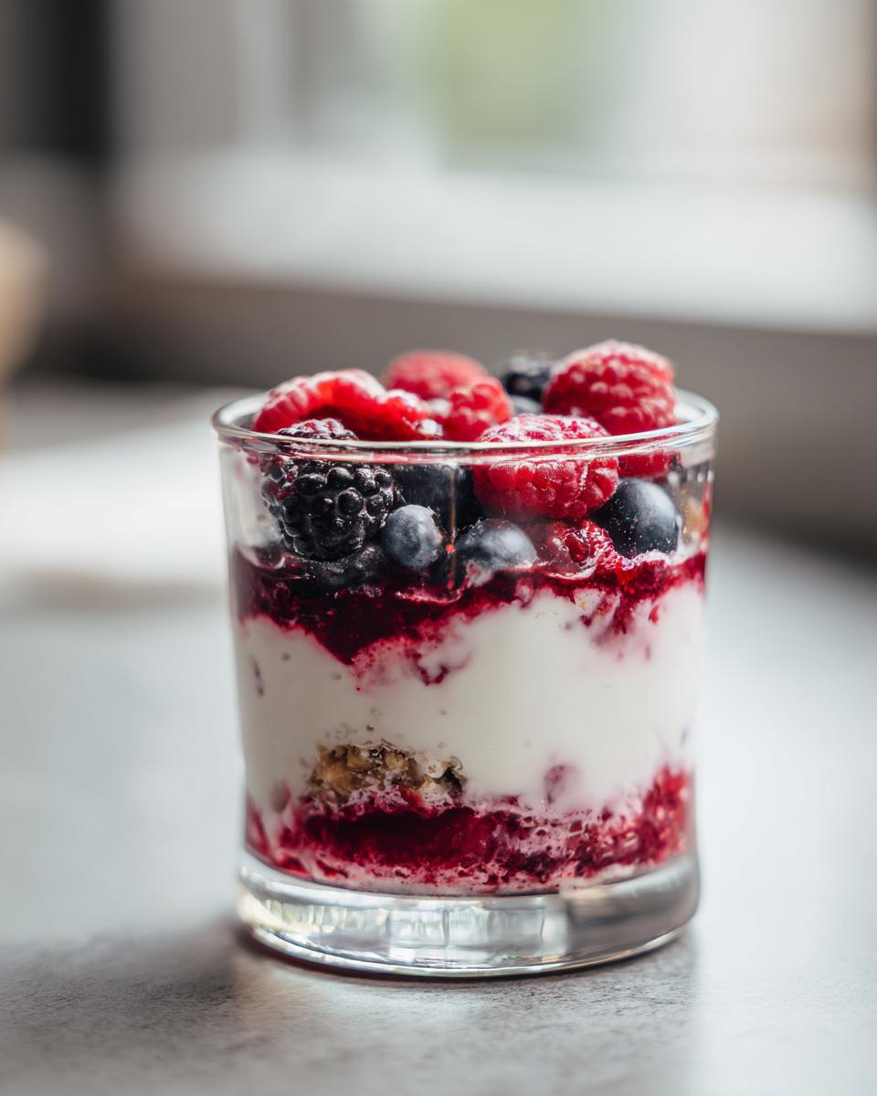 Pin von Hilleo auf Nachtisch für Freunde: Ein Glas mit Joghurt, Beeren und Müsli geschichtet.