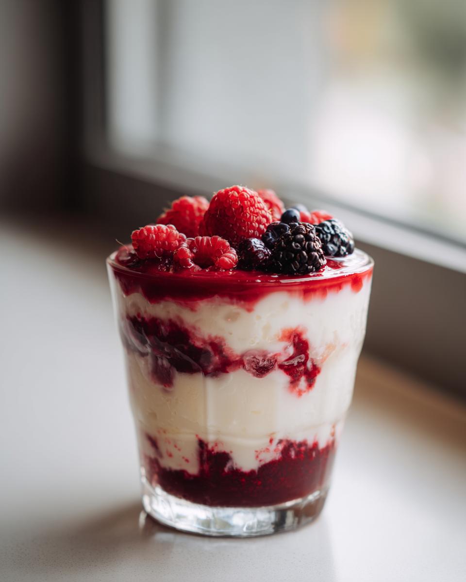 Ein Glas mit Schichten von weißer Creme und roter Beerensauce, garniert mit frischen Beeren wie Himbeeren und Brombeeren.