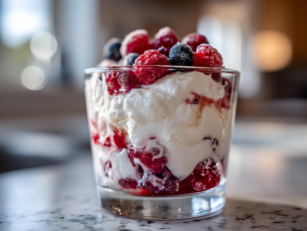 Ein Glas mit Schichten von Beeren und Sahne, ein köstlicher Nachtisch für Freunde.