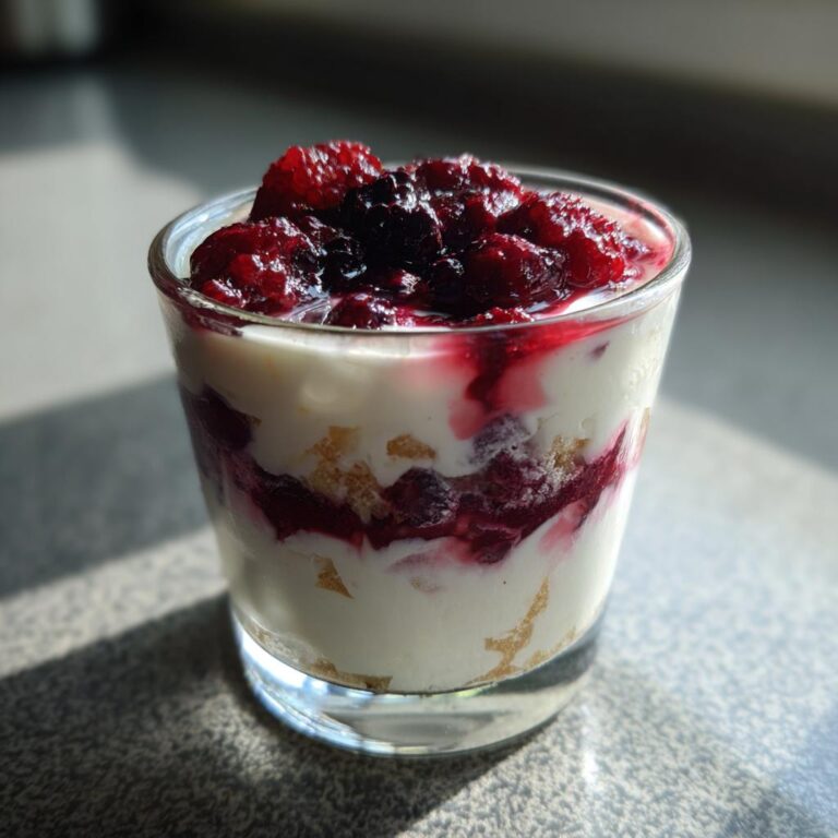 Ein Glas Nachtisch mit Schichten von Joghurt, zerbröseltem Keks und Beeren, gekrönt mit frischen Beeren.