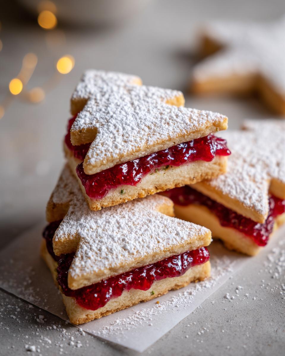 Pistazien Tannenbäumchen mit Himbeerfüllung, festive Christmas cookies dusted with powdered sugar and filled with raspberry jam.