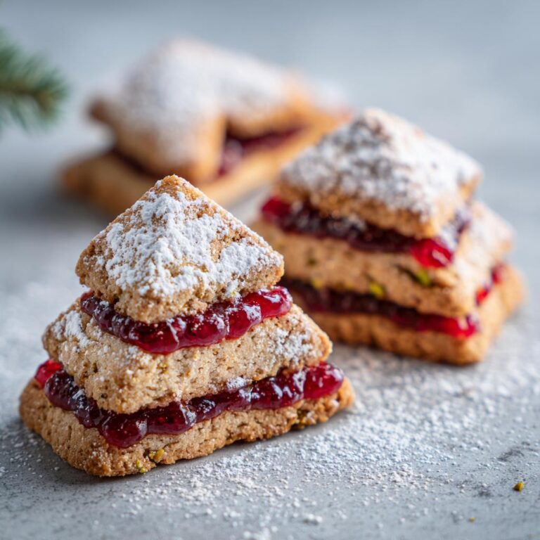 Nahaufnahme von Pistazien Tannenbäumchen mit Himbeerfüllung, bestäubt mit Puderzucker.