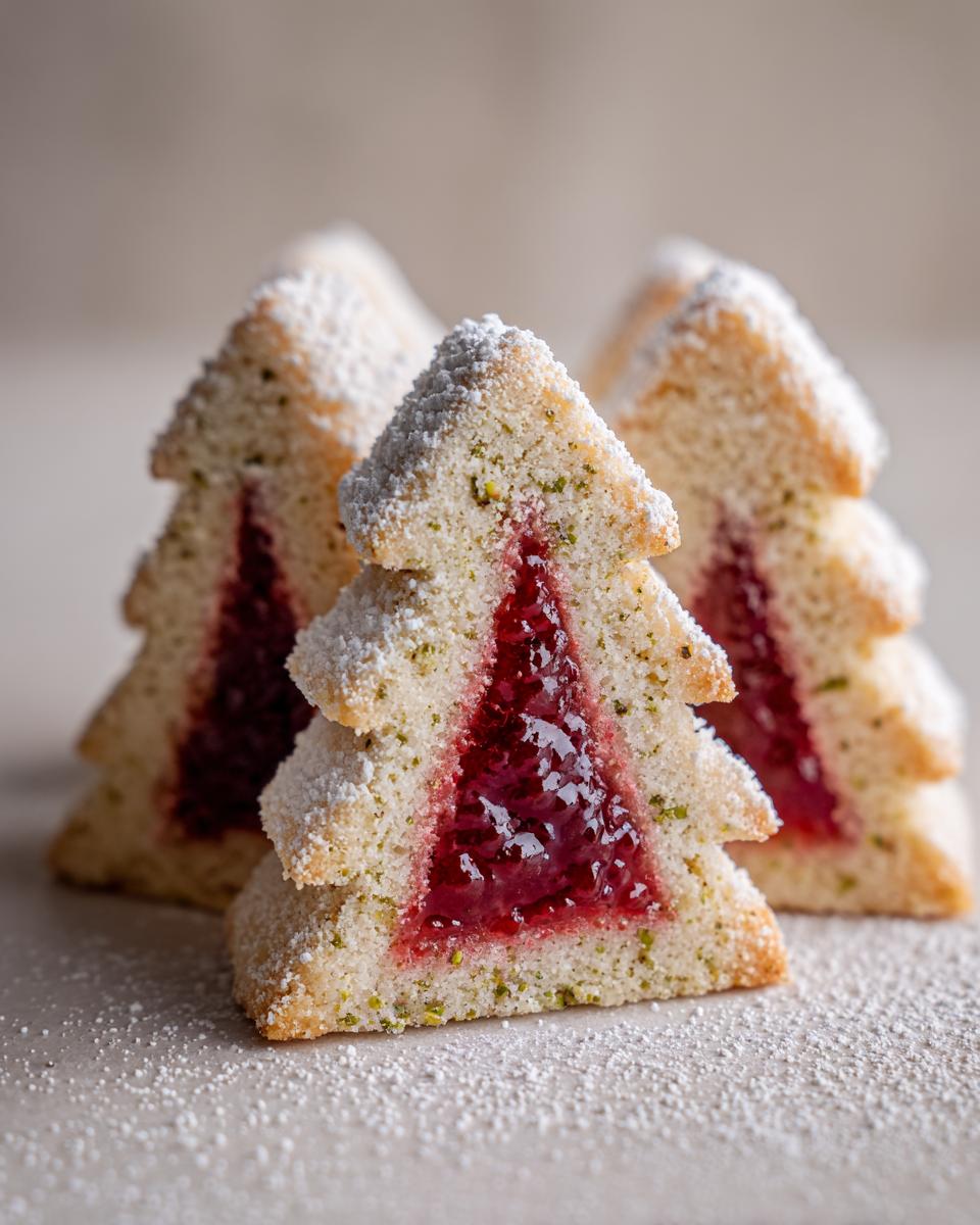 Close-up of Pistazien Tannenbäumchen mit Himbeerfüllung, festive tree-shaped cookies filled with raspberry jam and dusted with powdered sugar.