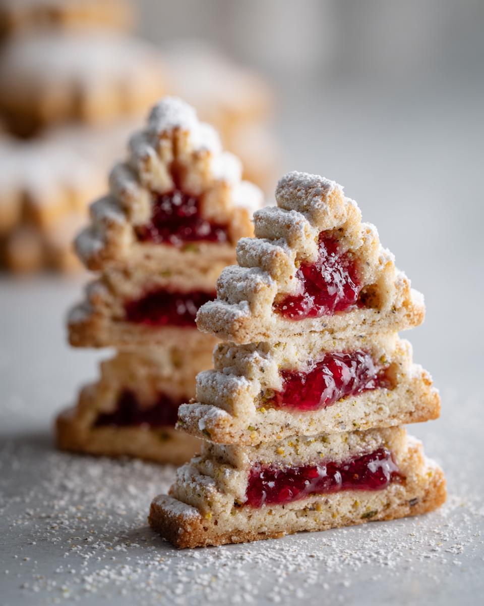 Close-up of stacked Pistazien Tannenbäumchen mit Himbeerfüllung cookies, dusted with powdered sugar.