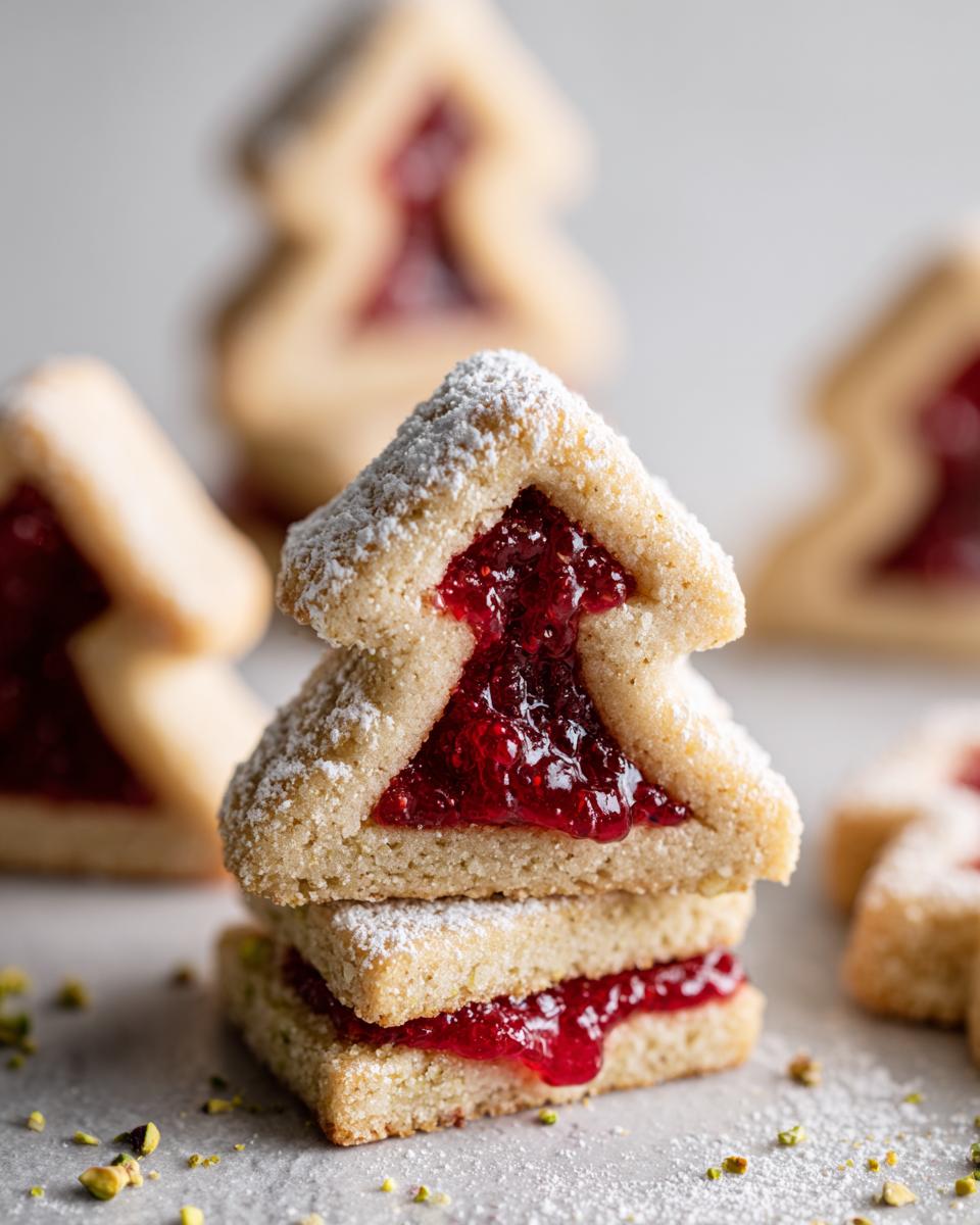 Pistazien Tannenbäumchen mit Himbeerfüllung, a stack of festive Christmas tree shaped cookies filled with raspberry jam and dusted with powdered sugar.