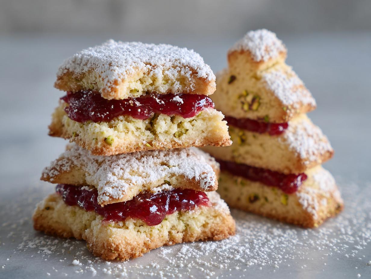 Pistazien Tannenbäumchen mit Himbeerfüllung, dusted with powdered sugar and filled with raspberry jam.