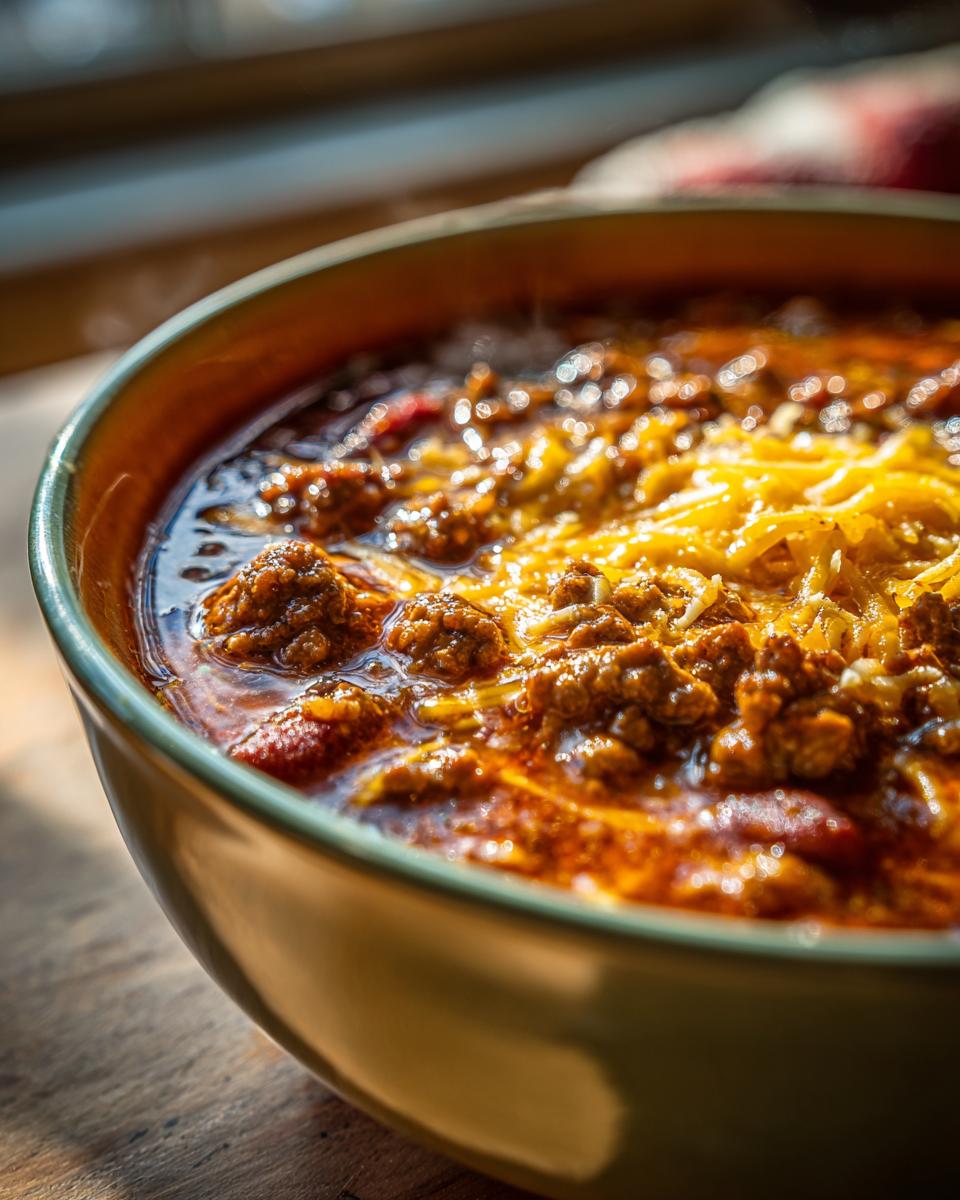 Eine Schale Pizzasuppe low carb mit Hackfleisch und geschmolzenem Käse, garniert mit Kräutern.