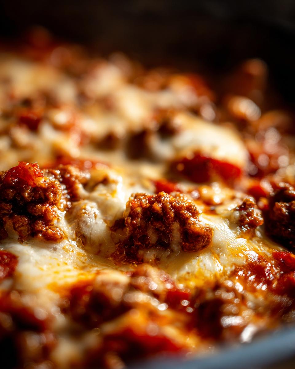 Nahaufnahme einer Pizzasuppe low carb mit geschmolzenem Käse und Hackfleisch in einer Auflaufform.