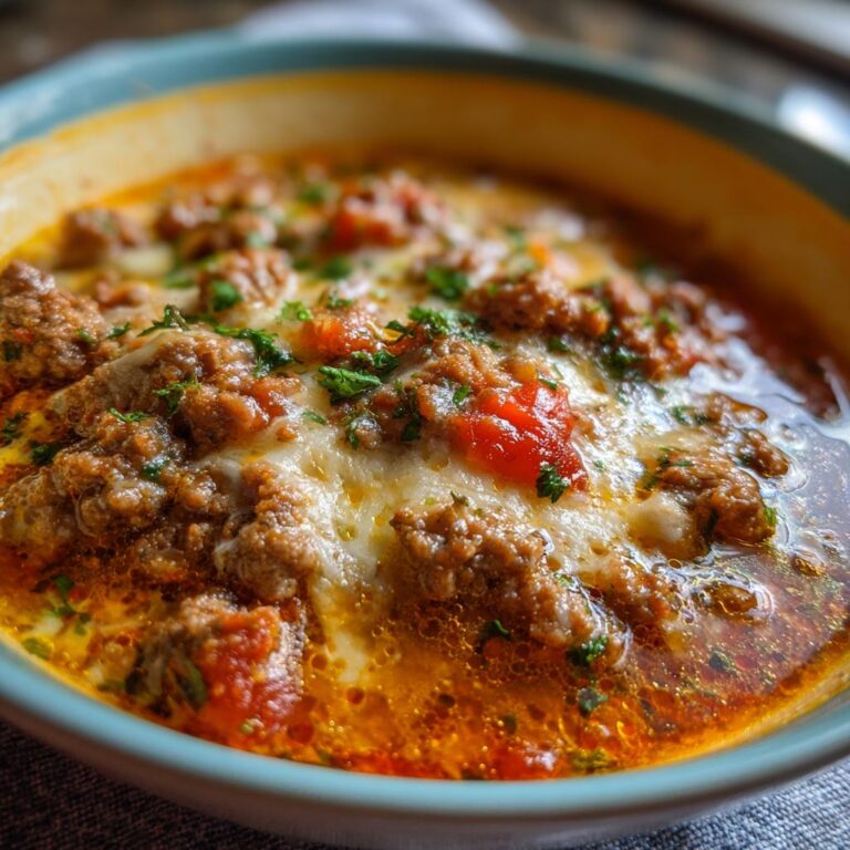 Nahaufnahme einer Schüssel Pizzasuppe low carb mit Hackfleisch, Tomaten und geschmolzenem Käse, garniert mit Petersilie.