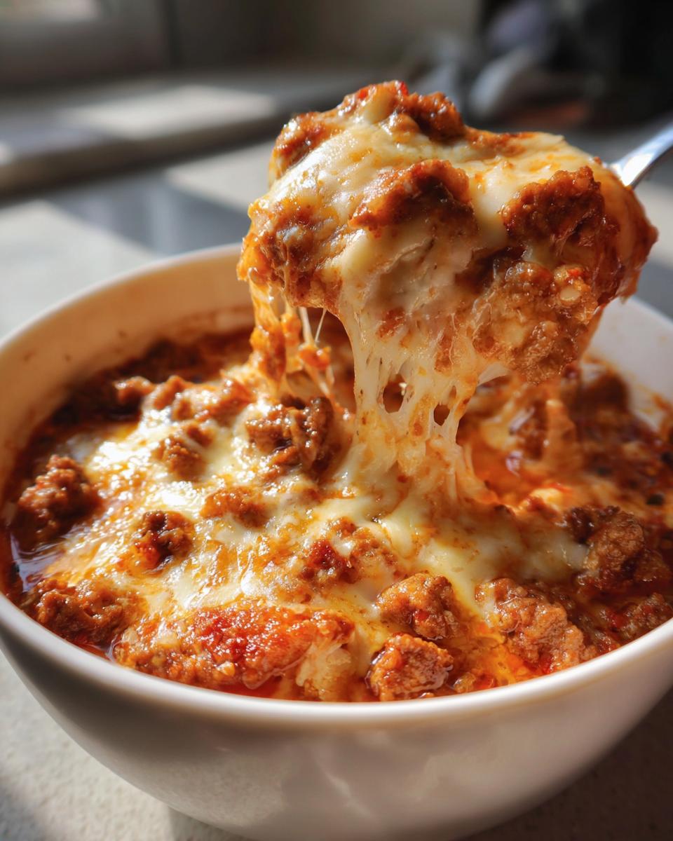Eine Löffelaufnahme von Pizzasuppe low carb, mit geschmolzenem Käse und Hackfleisch, das Fäden zieht.
